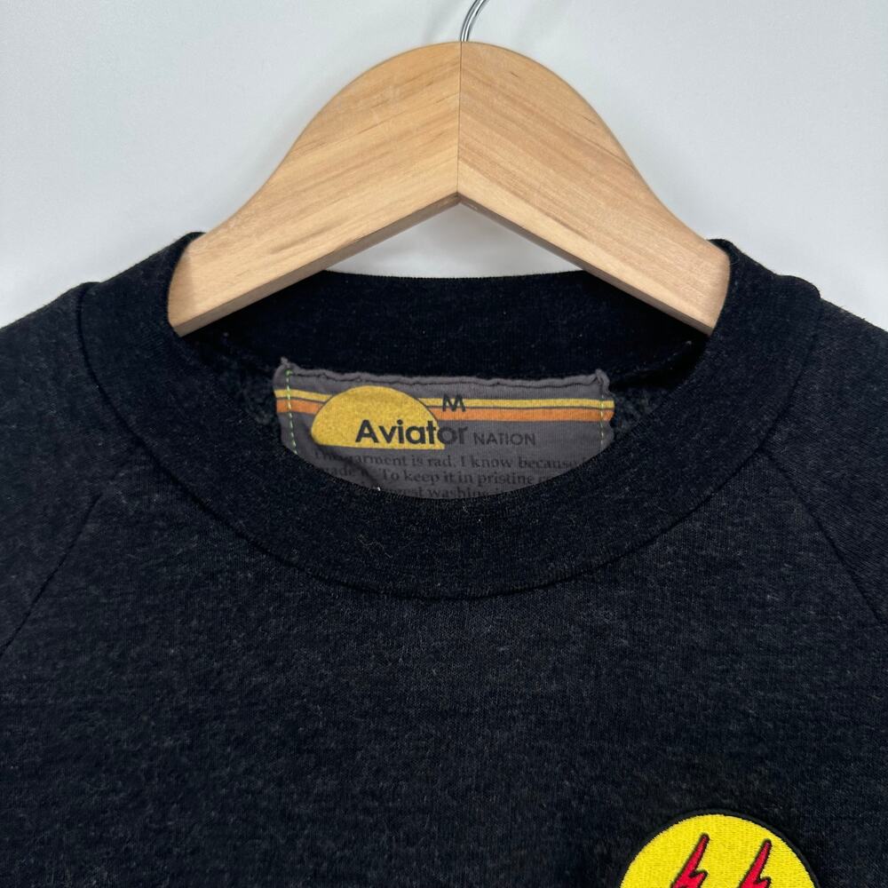 Aviator Nation Smiley Face Patch Cropped Sweatshirt Lightning Bolt Logo Pullover - Picture 5 of 11